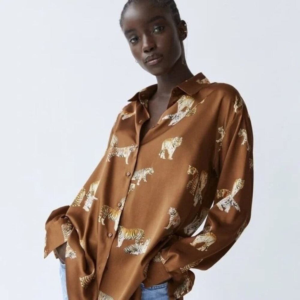 Zara satin effect tiger print button down blouse size S
